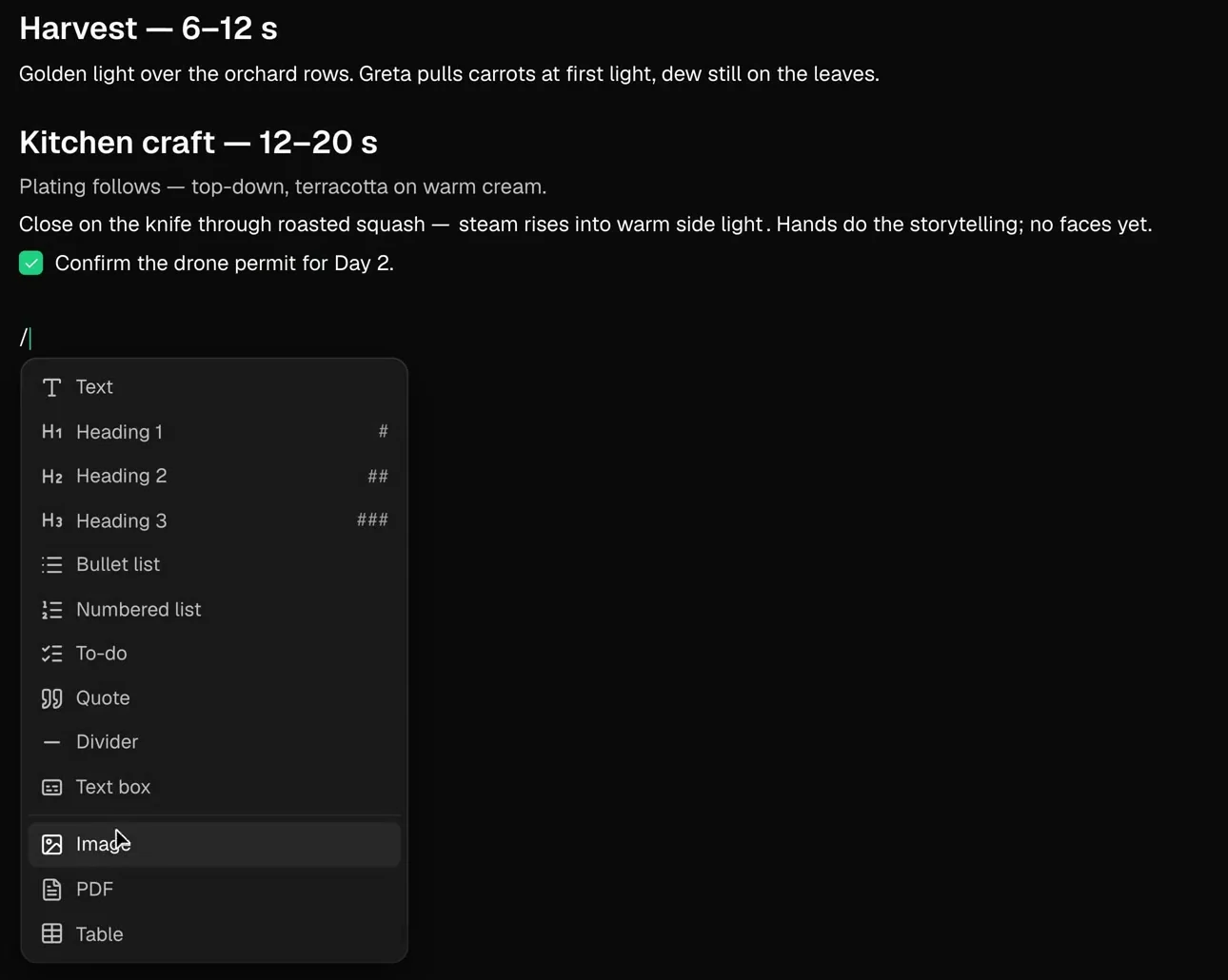 Treatment with the beats Harvest and Kitchen craft. Below, the slash menu lists text, headings, lists, to-do, quote, divider, text box, image, PDF and table.