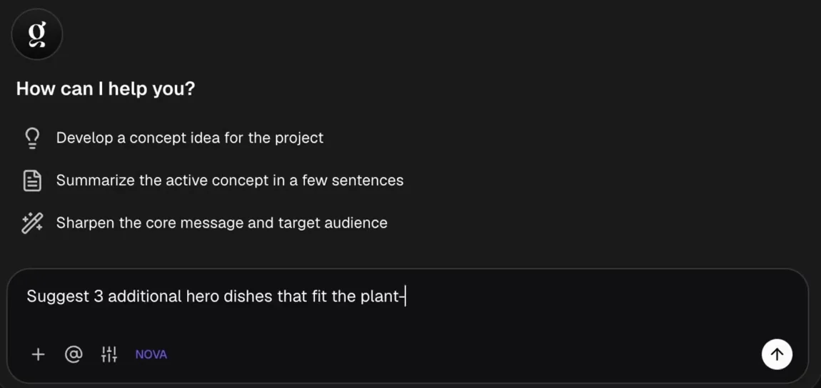 Tilly AI asks How can I help you? and offers: develop a concept idea for the project, summarize the active concept, sharpen the core message and target audience. A request for three more hero dishes is being typed.