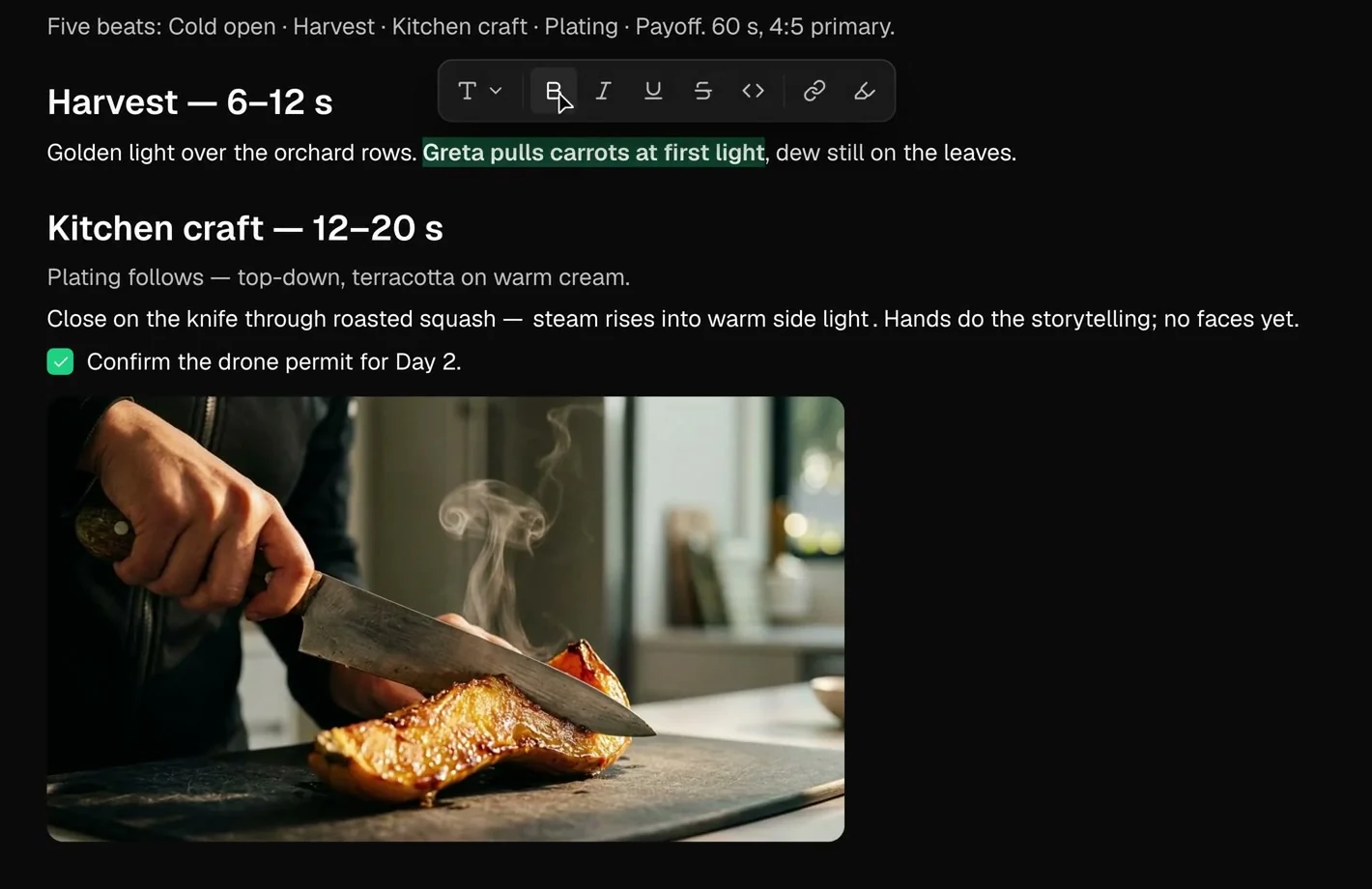 Treatment for an autumn hero film: five beats in 60 seconds, the beats Harvest and Kitchen craft with timings, a checked to-do for the drone permit, a reference image and the formatting toolbar over a selected phrase.