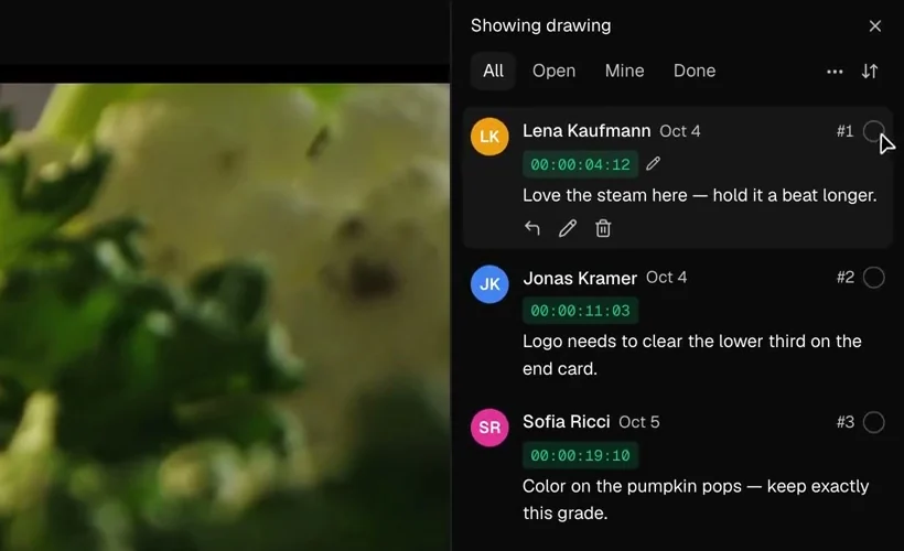 Comment panel with three numbered notes at 00:00:04:12, 00:00:11:03 and 00:00:19:10, filters All, Open, Mine and Done.