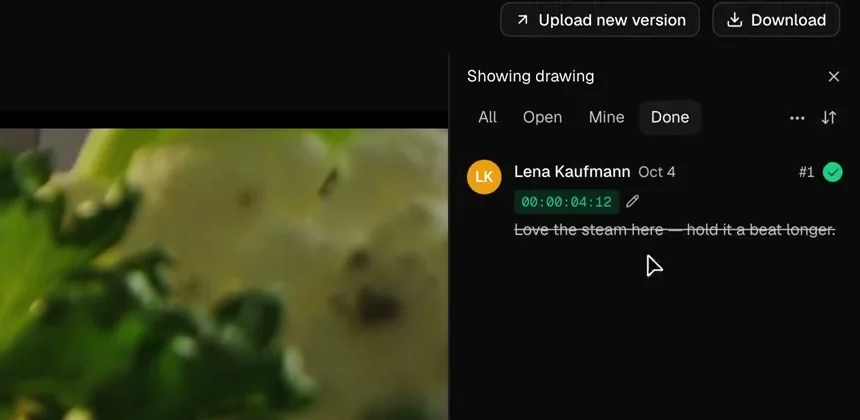 Comment panel filtered to Done: Lena's note at 00:00:04:12 is ticked green and struck through. Above it, Upload new version and Download.