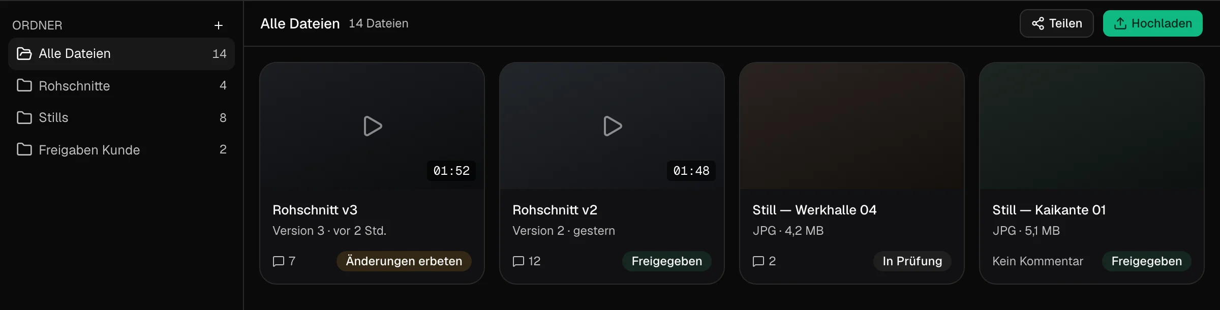 Review overview: folders for rough cuts, stills and client approvals, and four files. Rough cut v3 has changes requested, rough cut v2 is approved, one still is in review and one is approved.