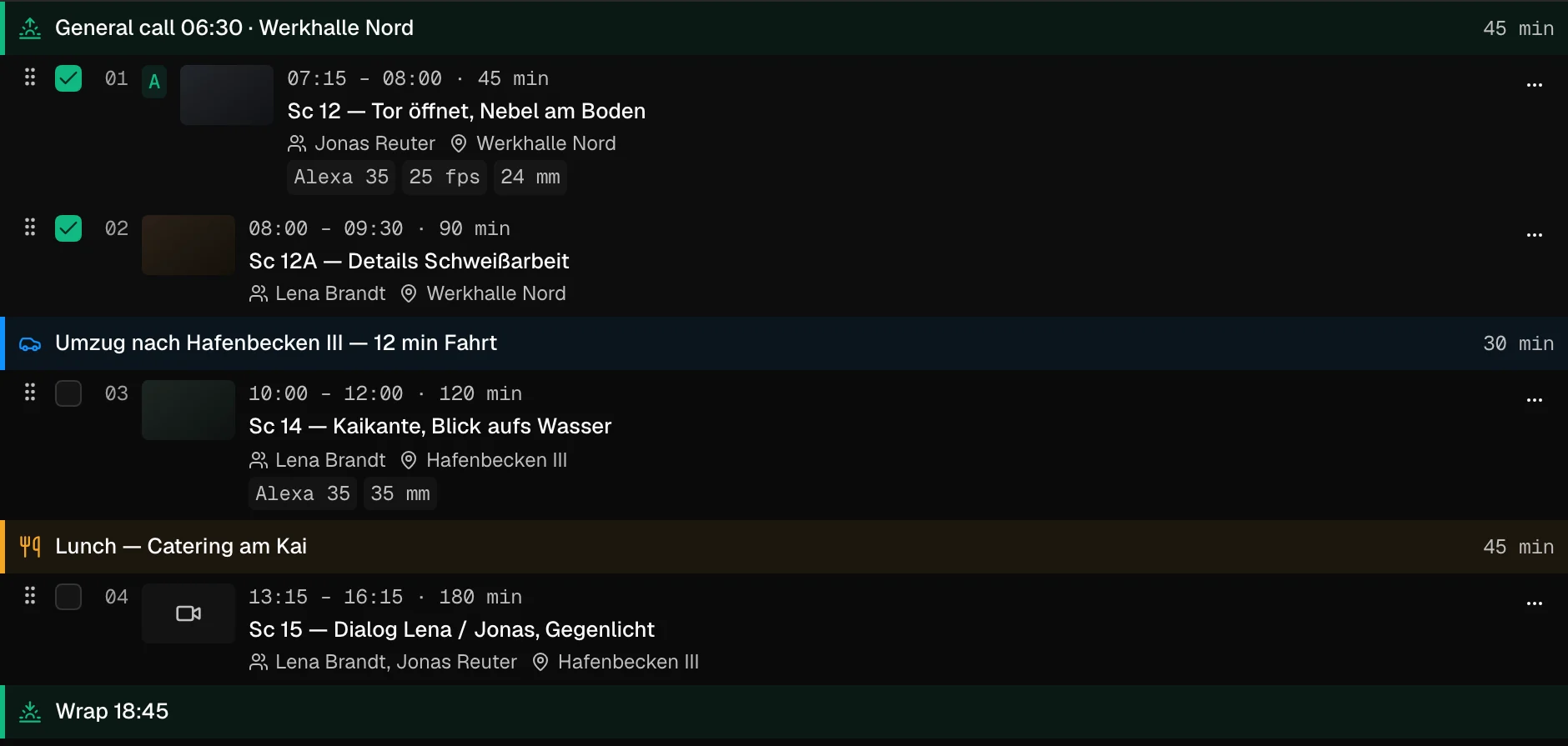Shoot day 2 with general call 06:30 at Werkhalle Nord, two scenes, a move to Hafenbecken III with 12 minutes of driving, lunch catered at the quay and wrap at 18:45.