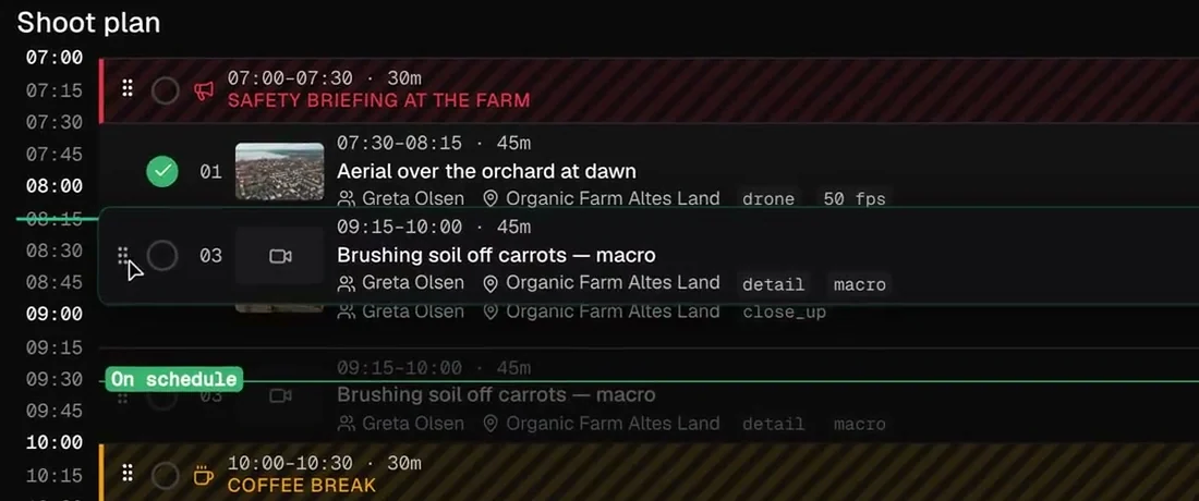 Shot 03, Brushing soil off carrots, is dragged by its handle to the slot after the aerial at dawn.