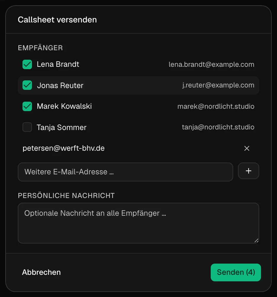 Dialog for sending the call sheet: four recipients ticked, an extra e-mail address and a field for a personal message.
