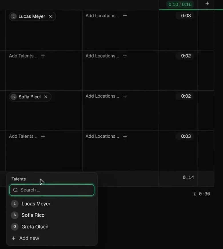 Talent picker in a shot row with search, three cast members and Add new.
