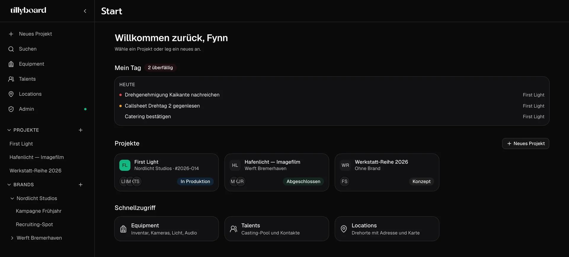 TillyBoard start page: today's tasks, three projects with client and status, and in the sidebar the brands Nordlicht Studios and Werft Bremerhaven with their projects.